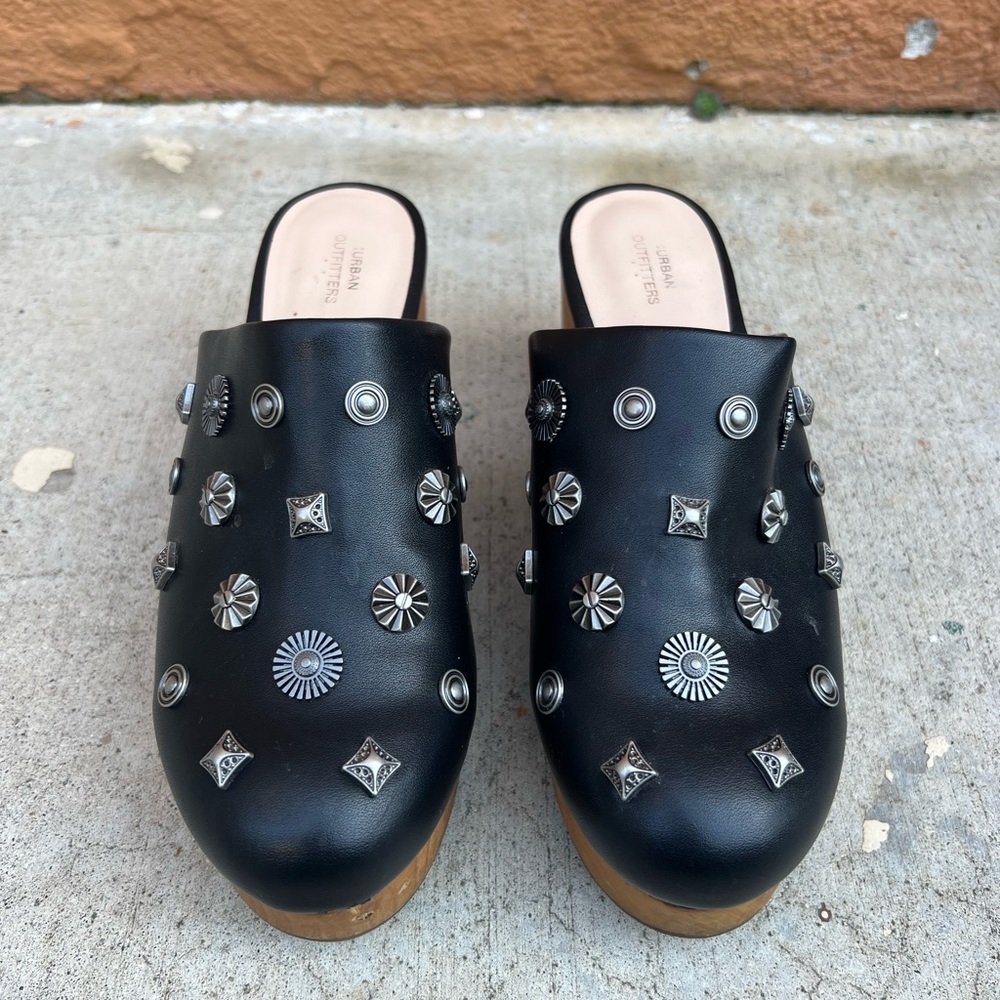 Studded leather clog with wooden bottom